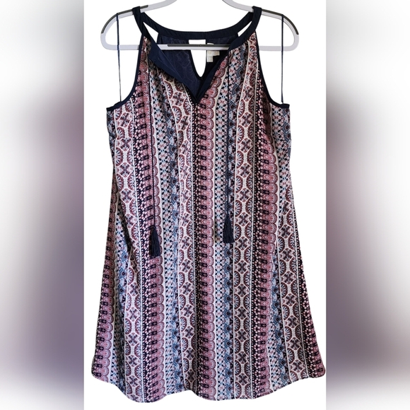 Charming Charlie Sleeveless Navy Print Boho Tassle-Tie Dress Women's XL - Picture 1 of 9